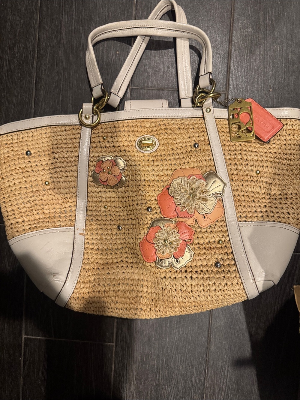 Coach Straw Tote with Coral Floral Appliqué and Cream Trim